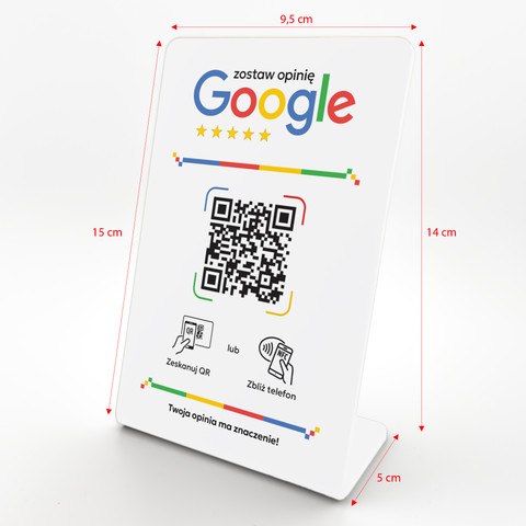 Stojak, prezenter gięty z QR i NFC do zbierania opinii w Google, biały, wzór 3