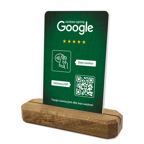 Stojak, prezenter z QR i NFC do zbierania opinii w Google, podstawa drewniana, zielony, wzór 2