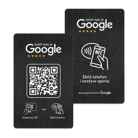 Plastikowa karta, wizytówka z kodem QR i tagiem NFC do zbierania opinii w Google, ciemnoszara