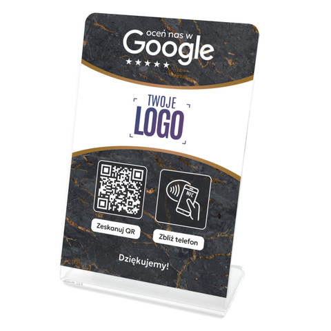 Stojak, prezenter gięty z QR, NFC i logo firmy do zbierania opinii w Google, ciemny marmur