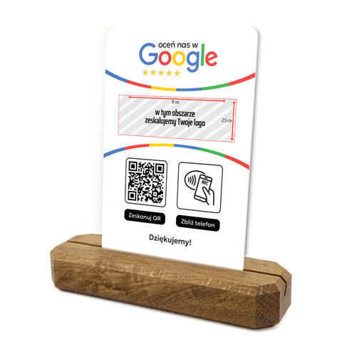 Stojak, prezenter z QR, NFC i logo firmy do zbierania opinii w Google, podkład dębowy, biały
