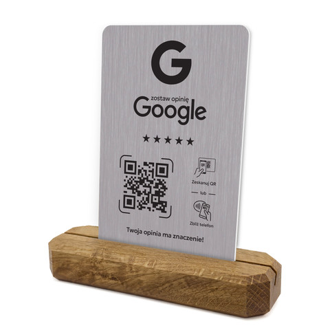 Stojak, prezenter z QR i NFC do zbierania opinii w Google, podstawa drewniana, szary, wzór 3