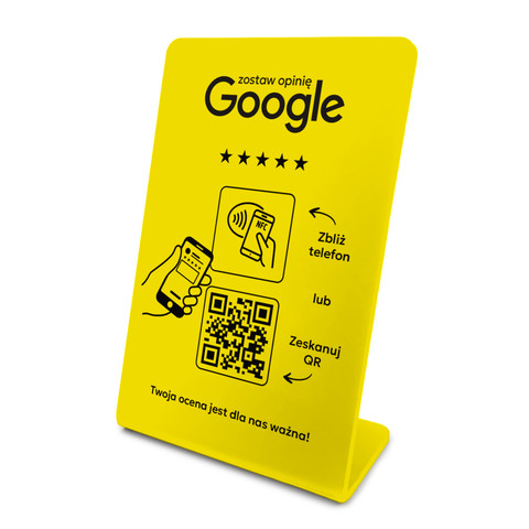 Stojak, prezenter gięty z QR i NFC do zbierania opinii w Google, żółty, wzór 1