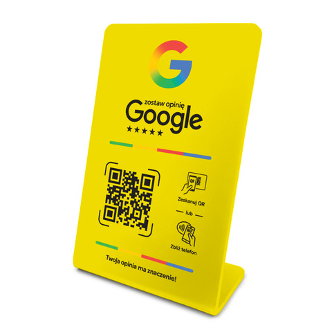 Stojak, prezenter gięty z QR i NFC do zbierania opinii w Google, żółty, wzór 1