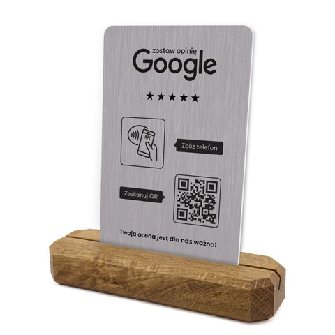 Stojak, prezenter z QR i NFC do zbierania opinii w Google, podstawa drewniana, szary, wzór 2