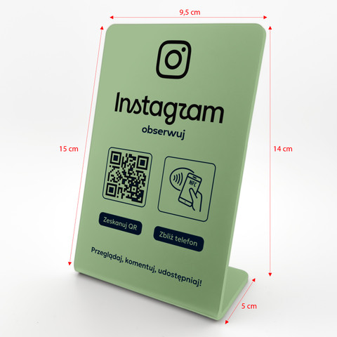 Stojak, prezenter gięty z QR i NFC do pozyskiwania obserwujących Instagram, oliwkowy, wzór 1