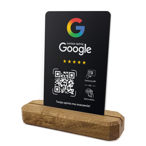Stojak, prezenter z QR i NFC do zbierania opinii w Google, podstawa drewniana, czarny, wzór 3