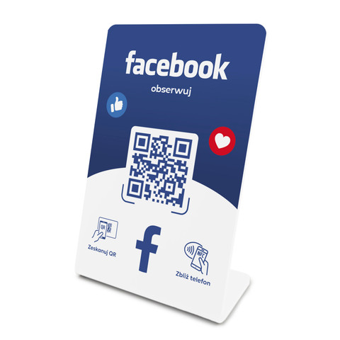 Stojak, prezenter gięty z QR i NFC do pozyskiwania obserwujących Facebook, biały, wzór 2