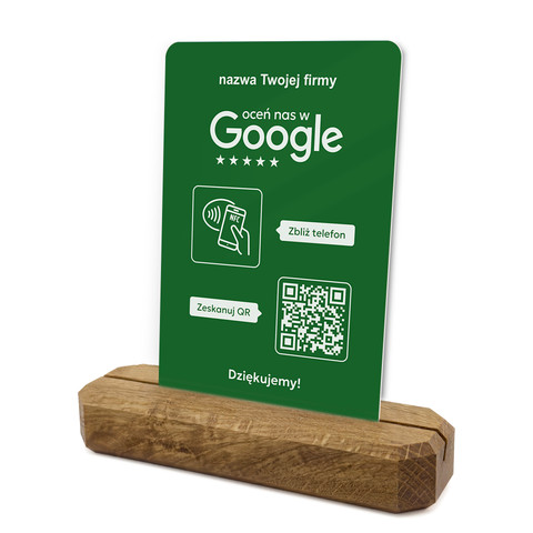 Stojak, prezenter z QR i NFC do zbierania opinii w Google, nazwa firmy, podkład dębowy, zielony pionowy