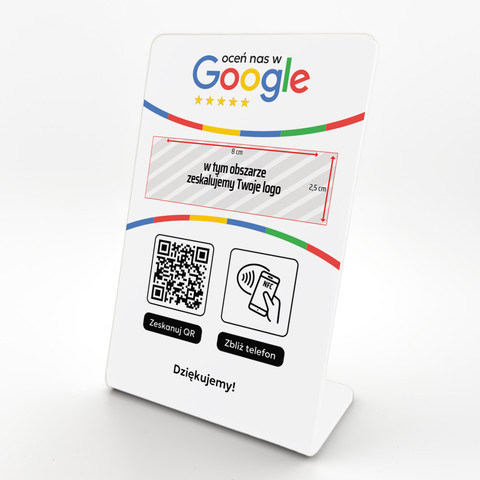 Stojak, prezenter gięty z QR, NFC i logo firmy do zbierania opinii w Google, biały, wzór 1