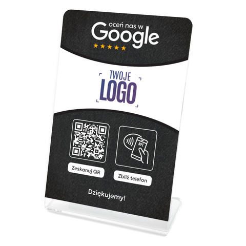 Stojak, prezenter gięty z QR, NFC i logo firmy do zbierania opinii w Google, ciemnoszary