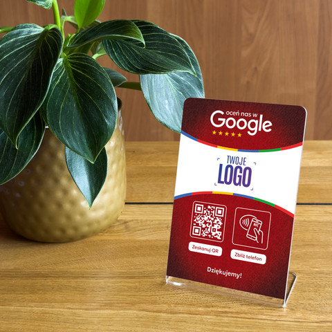 Stojak, prezenter gięty z QR, NFC i logo firmy do zbierania opinii w Google, czerwony
