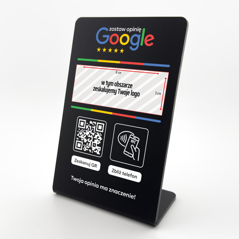 Stojak, prezenter gięty z QR, NFC i logo firmy do zbierania opinii w Google, czarny, wzór 3