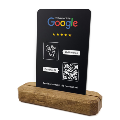 Stojak, prezenter z QR i NFC do zbierania opinii w Google, podstawa drewniana, czarny, wzór 2