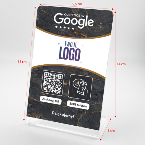 Stojak, prezenter gięty z QR, NFC i logo firmy do zbierania opinii w Google, ciemny marmur
