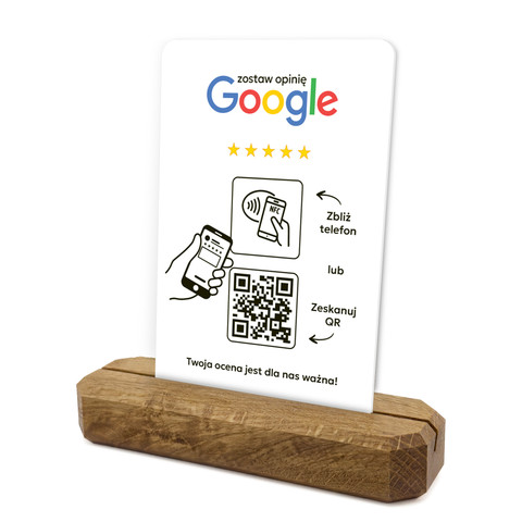 Stojak, prezenter z QR i NFC do zbierania opinii w Google, podstawa drewniana, biały, wzór 1