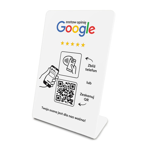 Stojak, prezenter gięty z QR i NFC do zbierania opinii w Google, biały, wzór 1