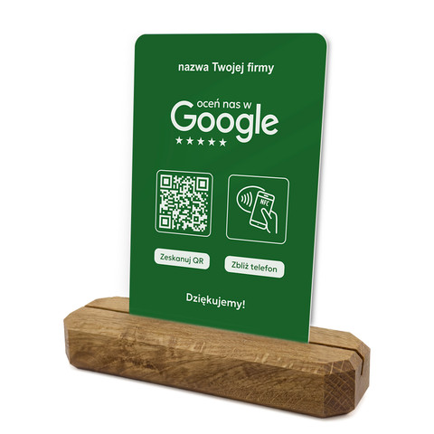 Stojak, prezenter z QR i NFC do zbierania opinii w Google, nazwa firmy, podkład dębowy, zielony
