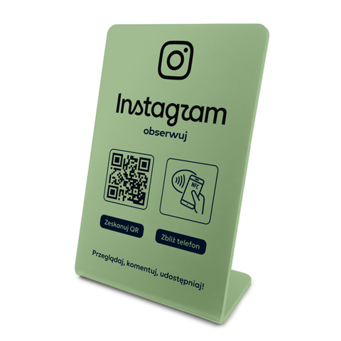 Stojak, prezenter gięty z QR i NFC do pozyskiwania obserwujących Instagram, oliwkowy, wzór 1