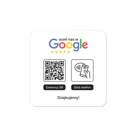 Podkładka na blat lub ladę z kodem QR i tagiem NFC do zbierania opinii w Google, biała