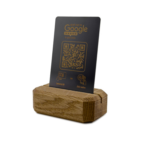 Mini stojak, plastikowa karta z QR i NFC do zbierania opinii, oceń nas w Google, podkład dębowy, czarna