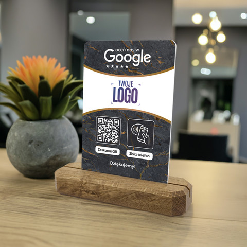 Stojak, prezenter z QR, NFC i logo firmy do zbierania opinii w Google, podkład dębowy, ciemny marmur