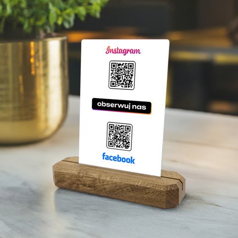 Stojak, karta z podwójnym kodem QR do pozyskiwania obserwujących Instagram i Facebook, podkład dębowy, biała