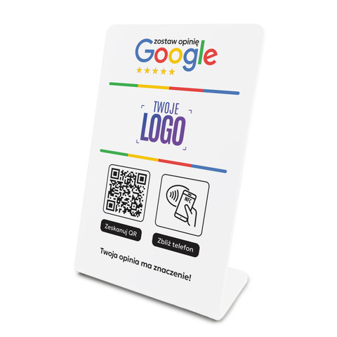 Stojak, prezenter gięty z QR, NFC i logo firmy do zbierania opinii w Google, biały, wzór 5
