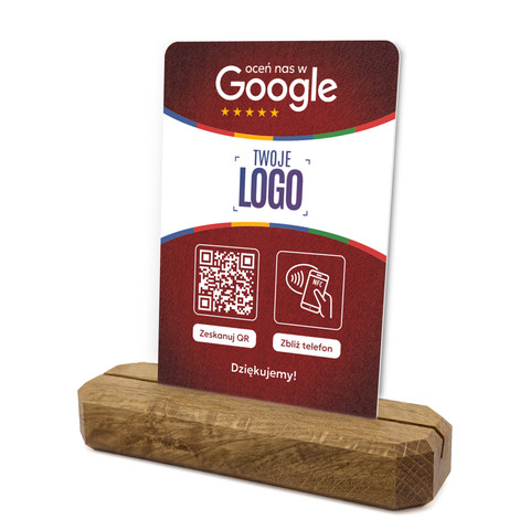 Stojak, prezenter z QR, NFC i logo firmy do zbierania opinii w Google, podkład dębowy, czerwony