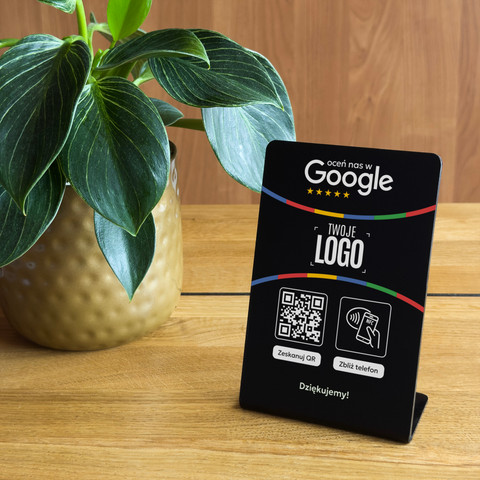 Stojak, prezenter gięty z QR, NFC i logo firmy do zbierania opinii w Google, czarny, wzór 1