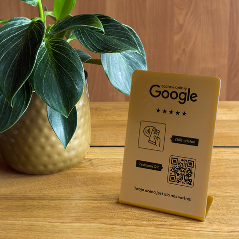 Stojak, prezenter gięty z QR i NFC do zbierania opinii w Google, złoty, wzór 2