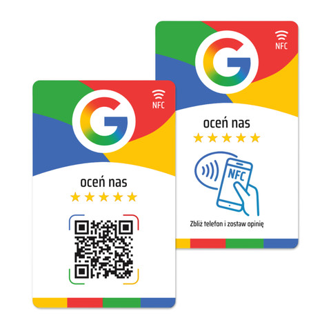 Plastikowa karta z kodem QR i tagiem NFC do zbierania opinii w Google, wzór 1