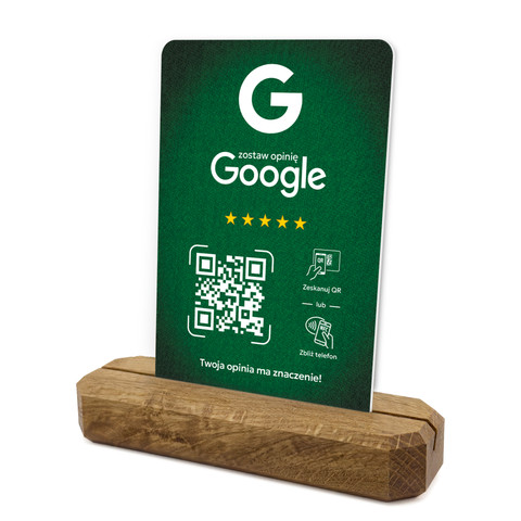 Stojak, prezenter z QR i NFC do zbierania opinii w Google, podstawa drewniana, zielony, wzór 3