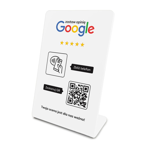 Stojak, prezenter gięty z QR i NFC do zbierania opinii w Google, biały, wzór 2