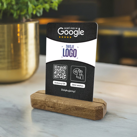 Stojak, prezenter z QR, NFC i logo firmy do zbierania opinii w Google, podkład dębowy, ciemnoszary