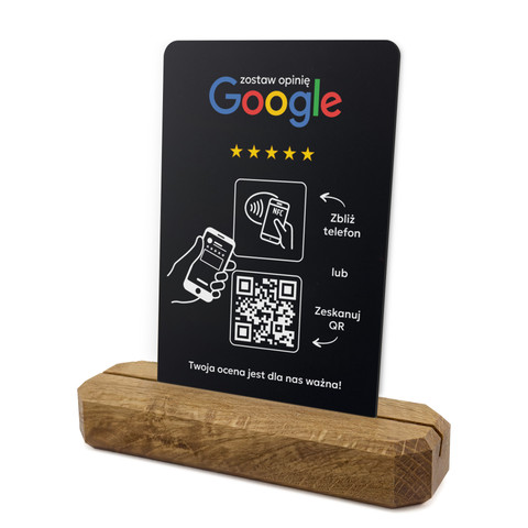 Stojak, prezenter z QR i NFC do zbierania opinii w Google, podstawa drewniana, czarny, wzór 1