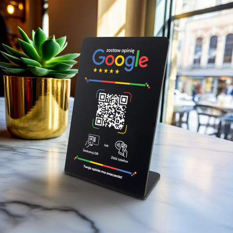 Stojak, prezenter gięty z QR i NFC do zbierania opinii w Google, czarny, wzór 2