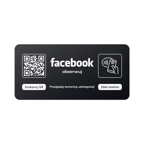 Tabliczka na drzwi lub ścianę z kodem QR i tagiem NFC do pozyskiwania obserwujących Facebook, czarna