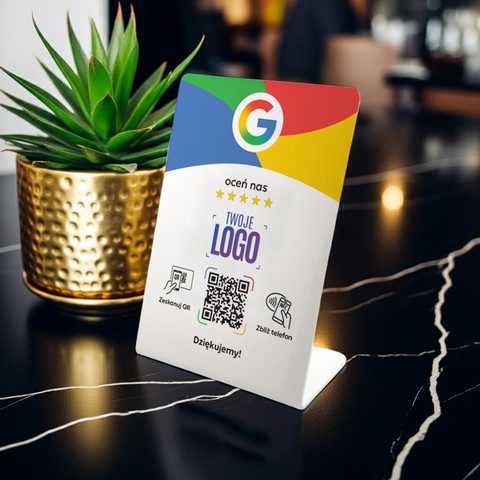 Stojak, prezenter gięty z QR, NFC i logo firmy do zbierania opinii w Google, biały, wzór 2