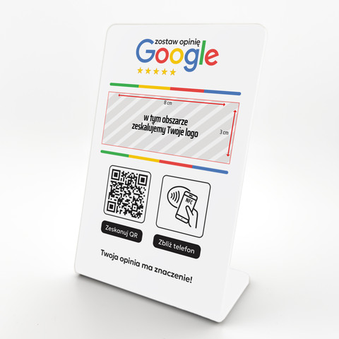 Stojak, prezenter gięty z QR, NFC i logo firmy do zbierania opinii w Google, biały, wzór 3