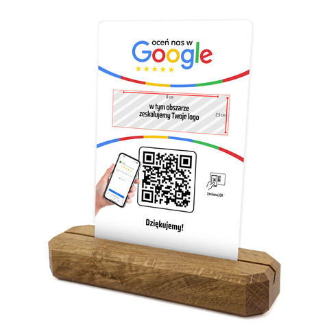 Stojak, metalowa karta z QR i Twoim logo do zbierania opinii w Google, podkład dębowy, biała