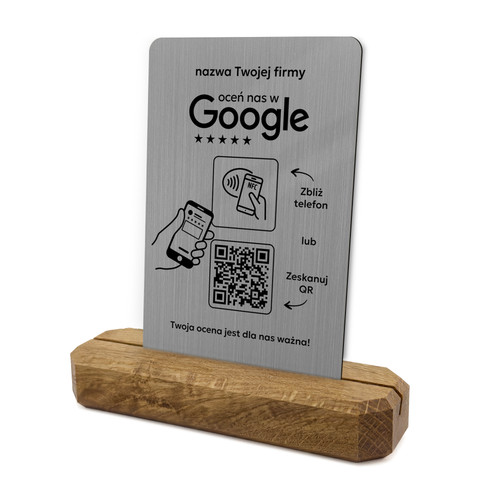Stojak, prezenter z QR i NFC do zbierania opinii w Google, nazwa firmy, podkład dębowy, srebrny klasyczny