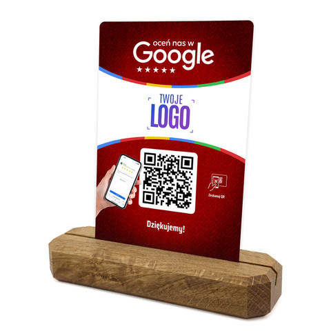 Stojak, metalowa karta z QR i Twoim logo do zbierania opinii w Google, podkład dębowy, czerwona
