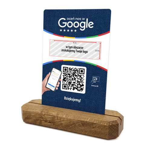 Stojak, metalowa karta z QR i Twoim logo do zbierania opinii w Google, podkład dębowy, niebieska