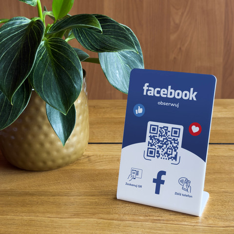 Stojak, prezenter gięty z QR i NFC do pozyskiwania obserwujących Facebook, biały, wzór 2