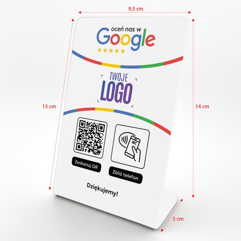 Stojak, prezenter gięty z QR, NFC i logo firmy do zbierania opinii w Google, biały, wzór 1