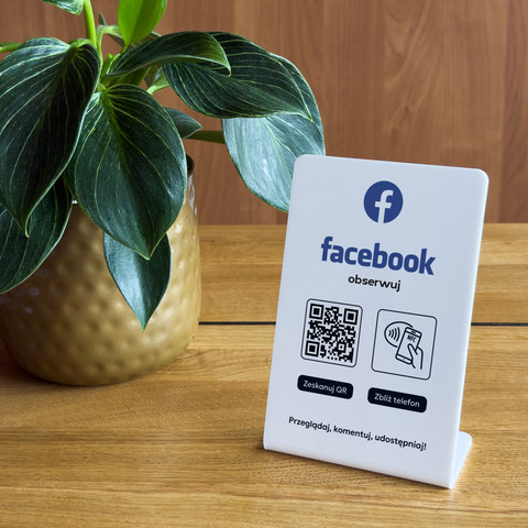 Stojak, prezenter gięty z QR i NFC do pozyskiwania obserwujących Facebook, biały, wzór 1