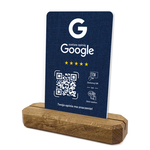 Stojak, prezenter z QR i NFC do zbierania opinii w Google, podstawa drewniana, niebieski, wzór 3