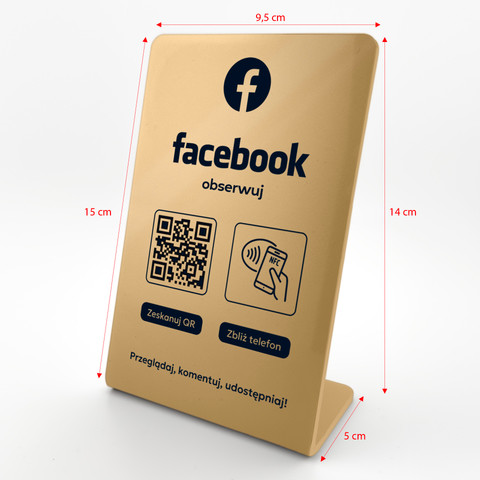 Stojak, prezenter gięty z QR i NFC do pozyskiwania obserwujących Facebook, złoty, wzór 1