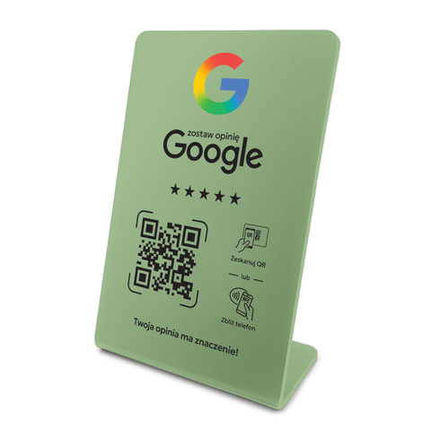 Stojak, prezenter gięty z QR i NFC do zbierania opinii w Google, oliwkowy, wzór 3